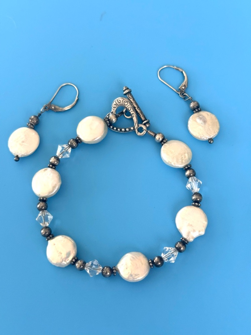 Sterling Silver Coin Pearl Bracelet/ Earring Set Toggle Clasp SIGNED AIL 925